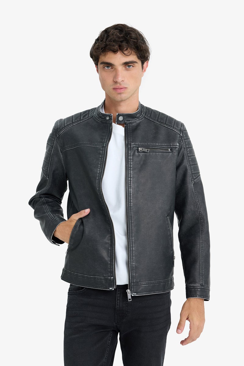 DeFacto Black Man Slim Fit High Neck Zippered Faux Leather Jacket Casual - Image 3